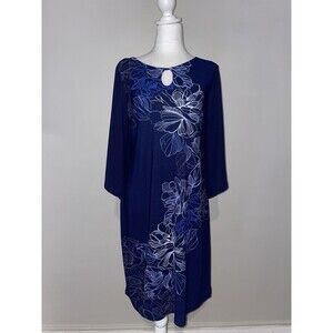 Dana Buchman S Navy Floral Shift Dress White Blue Botanical Keyhole Stretch